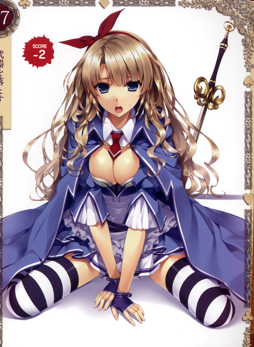 1girl alicia_(queen's_blade) bangs blue_eyes breasts brown_hair cape cleavage fingerless_gloves gloves hair_ribbon highres long_hair looking_at_viewer misaki_kurehito official_art open_mouth pleated_skirt queen's_blade queen's_blade_grimoire ribbon scan short_sleeves simple_background sitting skirt solo striped striped_legwear sword wariza weapon white_background