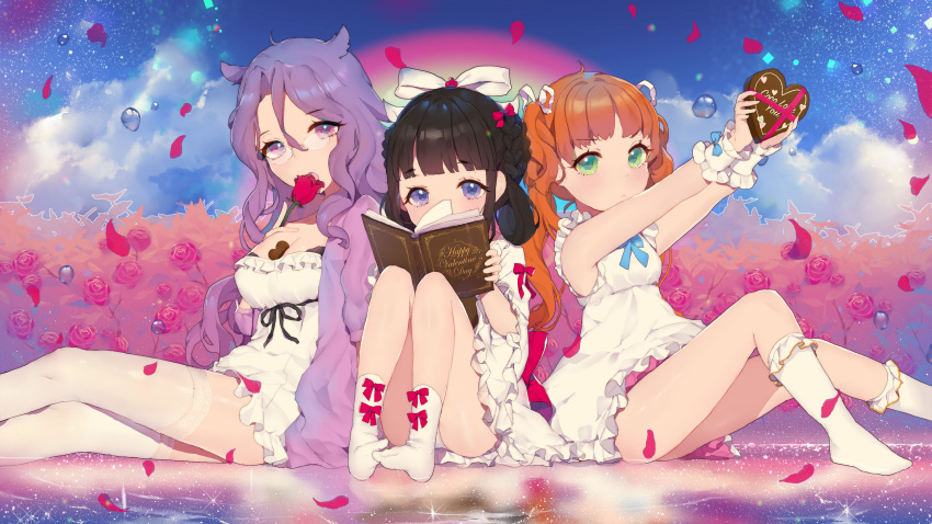 3girls acidear between_breasts black_hair blue_bow blue_sky book bow breasts clouds cloudy_sky dress flower food_on_body frilled_dress frilled_skirt frills green_eyes highres long_hair looking_at_viewer medium_breasts multiple_girls open_book orange_hair original purple_hair rainbow red_flower red_rose rose short_dress sitting sitting_on_water skirt sky sleeveless sleeveless_dress small_breasts violet_eyes water white_dress wrist_bow wrist_cuffs