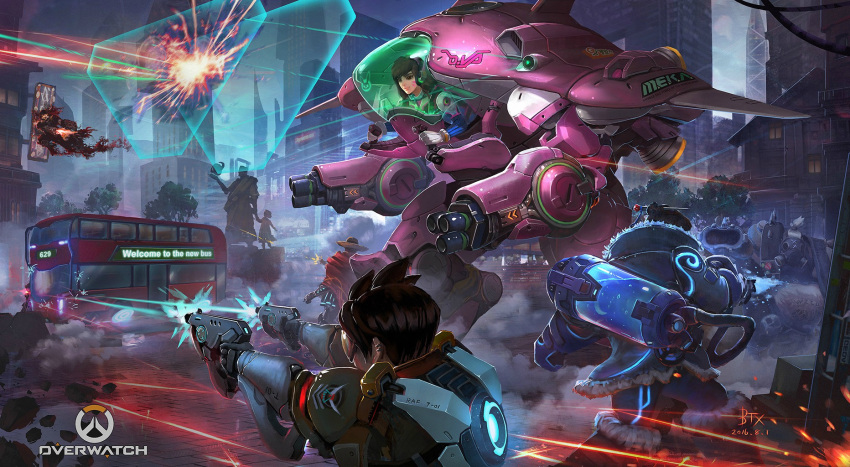 2016 3boys 4girls acronym action arm_cannon armor armored_dress artist_name battle blue_gloves blue_legwear bodysuit bomber_jacket boots bracer brown_eyes brown_gloves brown_hair brown_jacket building building_block bus canister cape character_name clouds cloudy_sky coat copyright_name cowboy_hat d.va_(overwatch) darkness dated dual_wielding ear_piercing emblem energy_gun energy_shield face_mask facepaint facial_mark fat firing floating from_behind fur-trimmed_boots fur-trimmed_jacket fur_boots fur_coat fur_trim gas_mask gatling_gun gloves grey_hair ground_vehicle gun hair_bun hair_ornament hair_stick hair_tie handgun harness hat highres holding holding_gun holding_weapon holographic_interface holster hose jacket knee_boots leather leather_jacket logo long_sleeves mask mccree_(overwatch) mecha mechanical_arm mei_(overwatch) meka_(overwatch) military_rank_insignia motor_vehicle multiple_boys multiple_girls night night_sky overwatch pauldrons piercing pilot_suit poncho ray_gun reaper_(overwatch) red_cape revolver ribbed_bodysuit roadhog_(overwatch) shield shirtless short_sleeves shotgun shoulder_pads signature skull skull_mask sky skyscraper sleeves_rolled_up smoke spikes spiky_hair statue tattoo thigh_holster thrusters tire tracer_(overwatch) tree trench_coat turtleneck vambraces weapon whisker_markings white_gloves widowmaker_(overwatch)