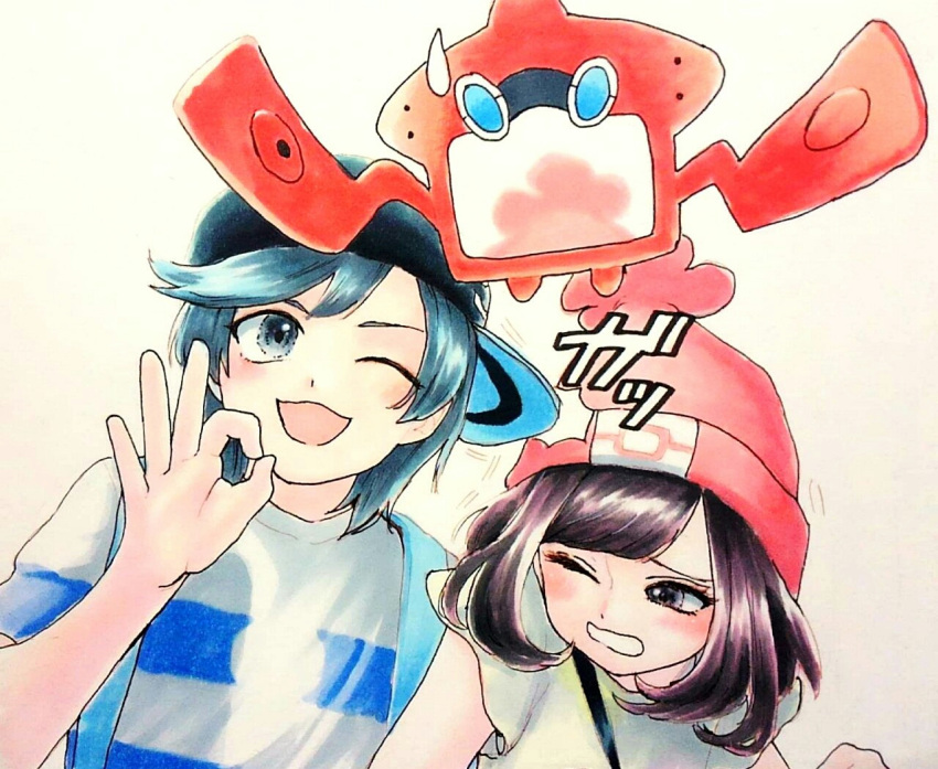 1boy 1girl ;3 ;d backpack bag bangs baseball_cap beanie black_eyes black_hair black_hat blush bob_cut eyelashes eyes_visible_through_hair female_protagonist_(pokemon_sm) floral_print handbag hat horizontal_stripes looking_at_another looking_to_the_side looking_up minapo moon_(pokemon) motion_lines ok_sign one_eye_closed open_mouth poke_ball_theme pokedex pokemon pokemon_(creature) pokemon_special red_hat rotom shirt short_hair short_sleeves sideways_hat simple_background smile strap striped striped_shirt sun_(pokemon) sweatdrop swept_bangs t-shirt traditional_media upper_body watercolor_(medium) white_background yellow_shirt