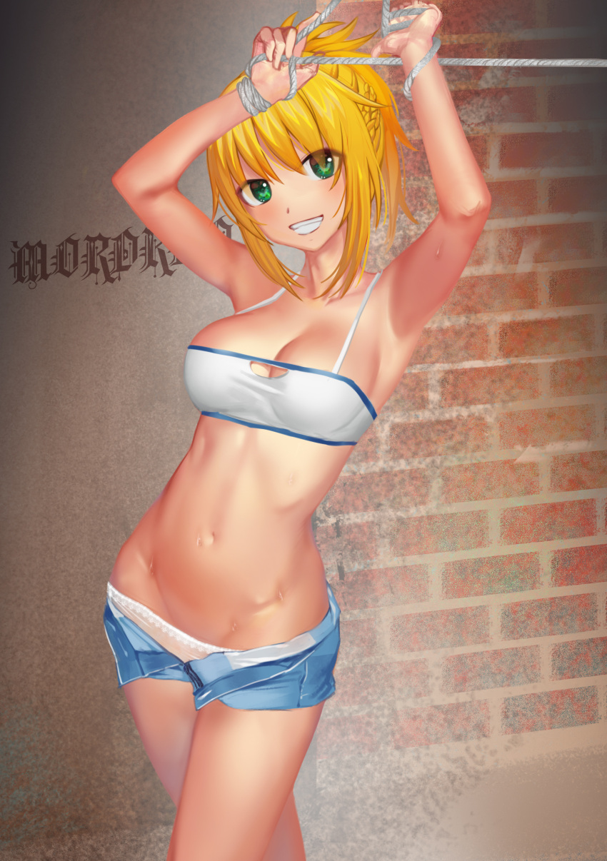 1girl absurdres arms_up bangs blonde_hair blue_shorts bound braid breasts cleavage commentary_request denim denim_shorts fate/apocrypha fate_(series) green_eyes grin groin hair_over_eyes highres kyoungi_nyang long_hair looking_at_viewer medium_breasts navel open_fly panties rope saber_of_red shibari short_hair short_shorts shorts smile solo standing sweat teeth underwear white_panties