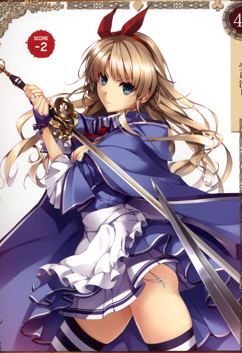 1girl alicia_(queen's_blade) bangs blue_eyes breasts brown_hair cape cleavage fingerless_gloves frills gloves hair_ribbon highres holding holding_weapon large_breasts long_hair looking_at_viewer misaki_kurehito necktie official_art queen's_blade queen's_blade_grimoire ribbon scan skirt solo striped striped_legwear sword weapon