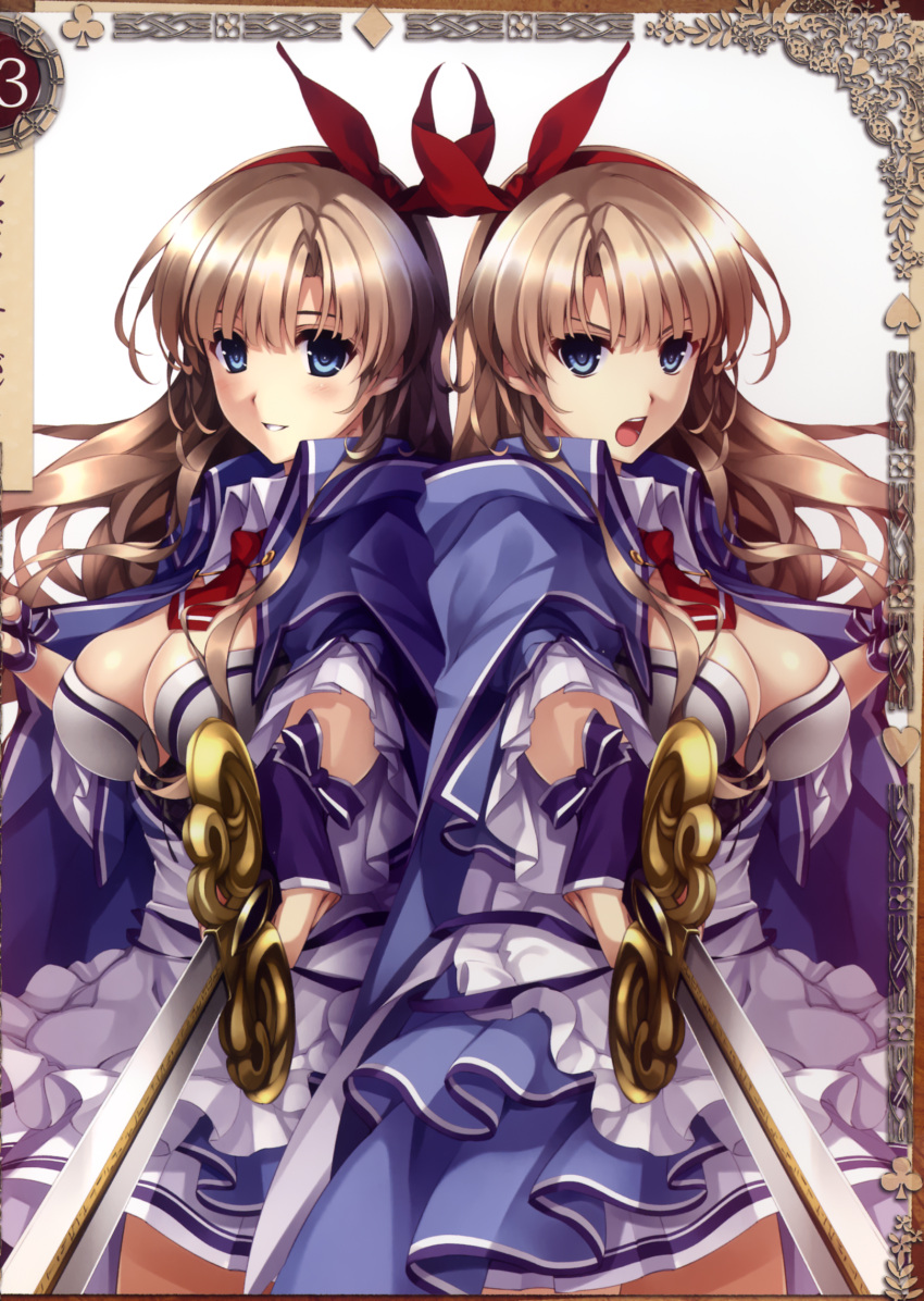 2girls alicia_(queen's_blade) bangs blue_eyes breasts brown_hair cape cleavage dress fingerless_gloves frills gloves hair_ribbon hairband highres large_breasts long_hair looking_at_viewer misaki_kurehito multiple_girls necktie official_art open_mouth queen's_blade queen's_blade_grimoire ribbon scan short_dress simple_background skirt smile sword weapon white_background