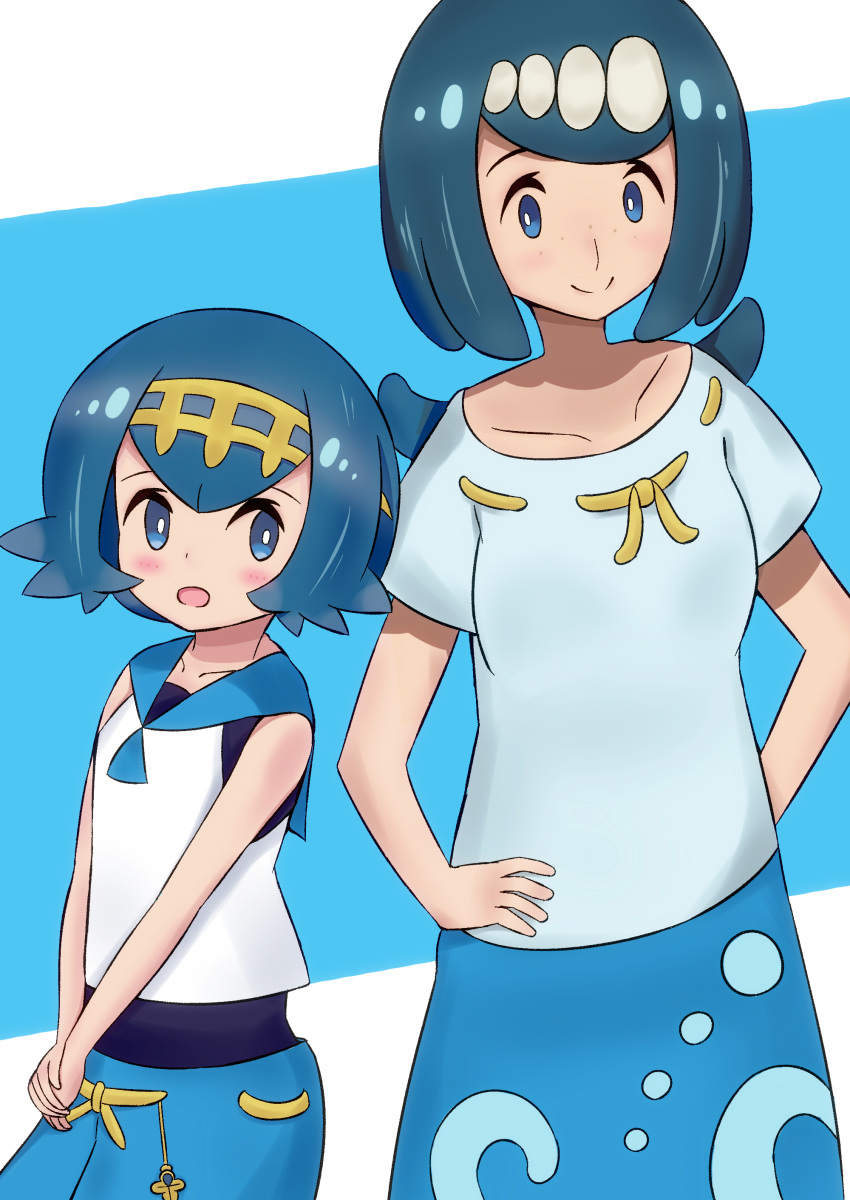 2girls absurdres blue_eyes blue_hair blue_sailor_collar hairband highres mature milf mother_and_daughter multiple_girls one-piece_swimsuit pokemon pokemon_(anime) pokemon_sm_(anime) short_hair sleeveless suiren's_mother_(pokemon) suiren_(pokemon) swimsuit swimsuit_under_clothes trial_captain