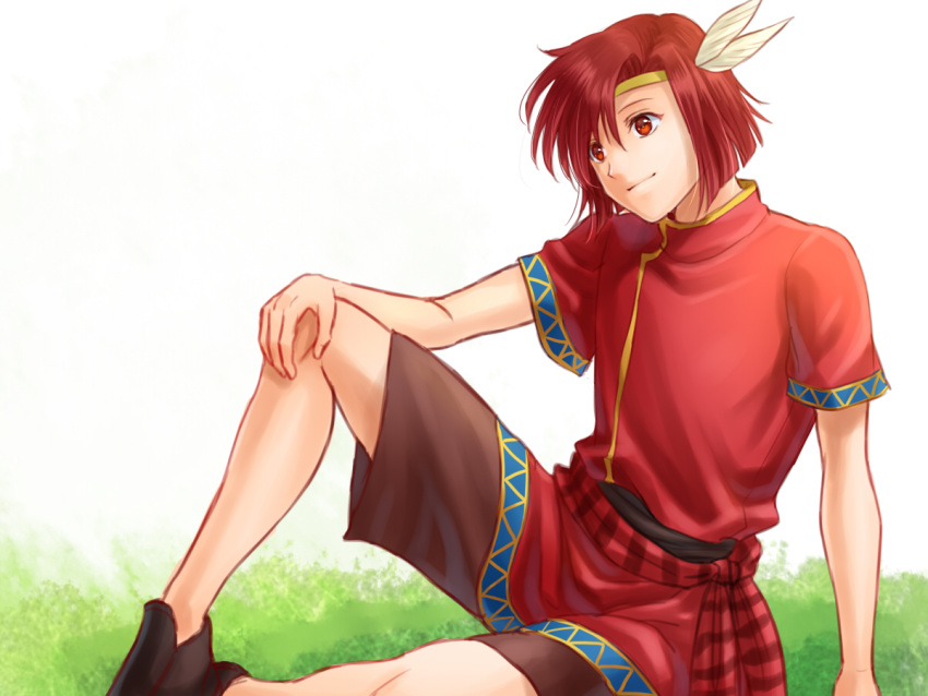 1boy cheine circlet feathers fire_emblem fire_emblem:_mystery_of_the_emblem komugikomix male_focus red_eyes redhead sitting solo white_background