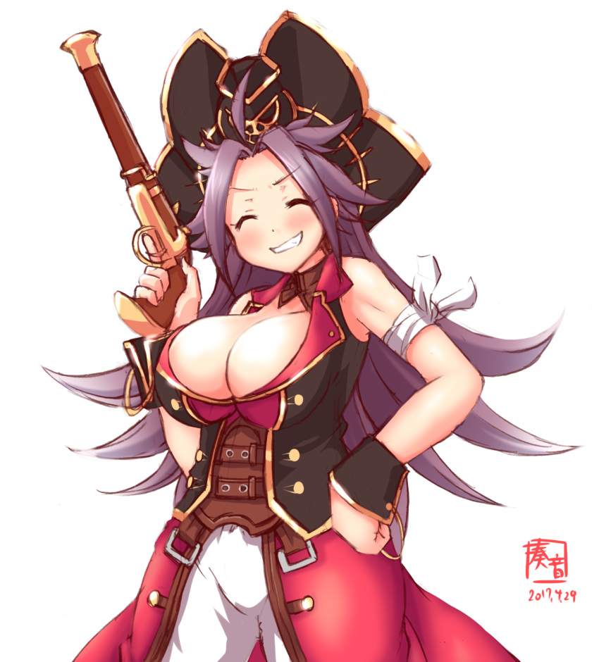 breasts cleavage closed_eyes cosplay fate/extra fate/grand_order fate_(series) gun hat highres jun'you_(kantai_collection) kanon_(kurogane_knights) kantai_collection large_breasts pirate_costume pirate_hat purple_hair rider_(fate/extra) rider_(fate/extra)_(cosplay) sleeveless smile spiky_hair weapon wrist_cuffs