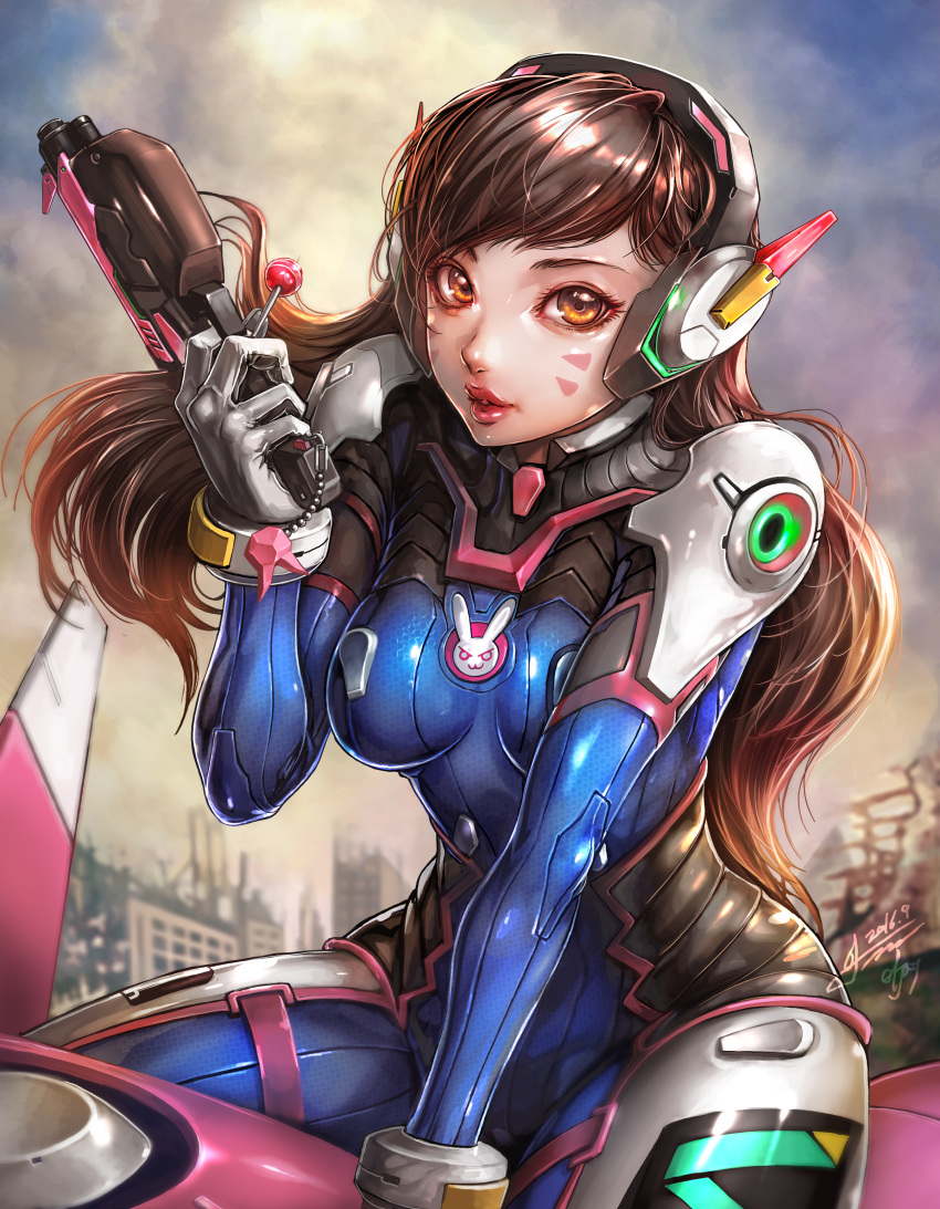 1girl absurdres bangs between_legs bodysuit boots bracer breasts breasts_apart brown_eyes brown_hair candy clouds cloudy_sky d.va_(overwatch) dated debris eyelashes facepaint facial_mark finger_on_trigger food gloves gun hand_between_legs handgun headphones highres holding holding_gun holding_weapon jay_b_lee lips lipstick lollipop long_hair long_sleeves makeup mecha medium_breasts meka_(overwatch) overwatch parted_lips pauldrons pilot_suit pink_lips pink_lipstick revision ribbed_bodysuit shoulder_pads signature sitting skin_tight sky solo thigh-highs thigh_boots thigh_strap turtleneck upper_body weapon whisker_markings white_gloves