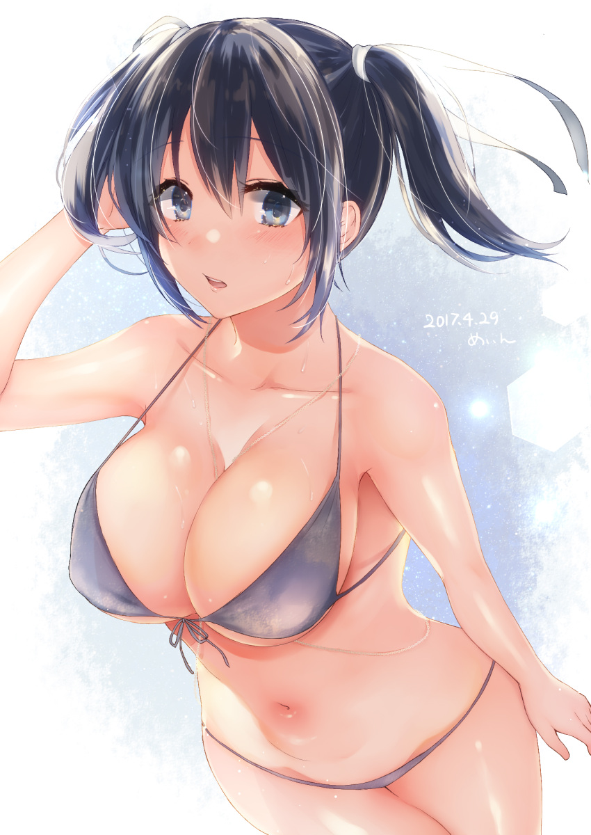 1girl arm_up between_breasts bikini blue_eyes blue_hair breasts cleavage collarbone dated from_above front-tie_bikini front-tie_top grey_bikini hair_between_eyes hair_ribbon highres jewelry kantai_collection large_breasts looking_at_viewer navel necklace open_mouth ribbon sakiryo_kanna shiny shiny_skin solo souryuu_(kantai_collection) strap_gap string_bikini sweat swimsuit twintails twitter_username