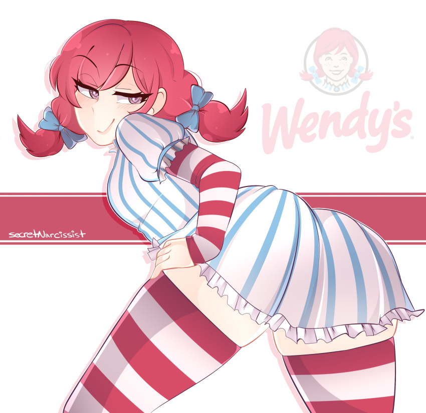 1girl absurdres ass blue_bow blush bow breasts dress hair_ribbon half-closed_eyes highres looking_back medium_breasts pinstripe_pattern puffy_short_sleeves puffy_sleeves redhead secretnarcissist short_sleeves smile smug solo striped striped_dress striped_legwear thigh-highs thighs twintails violet_eyes wendy's wendy_(wendy's)