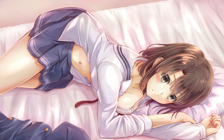 1girl arigato_(rmskrtkdlqj) blue_skirt blush breasts brown_eyes brown_hair closed_mouth collarbone from_above from_side katou_megumi long_sleeves lying medium_breasts navel on_bed on_side open_clothes open_shirt pillow pleated_skirt red_ribbon ribbon saenai_heroine_no_sodatekata school_uniform serafuku shirt short_hair skirt smile solo striped striped_skirt undone white_shirt