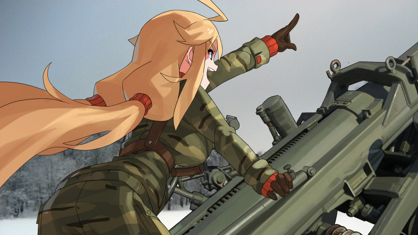 1girl ahoge blonde_hair blue_eyes camouflage gloves highres long_hair long_sleeves long_twintails military military_uniform mortar_(weapon) nanaya777 original snow uniform