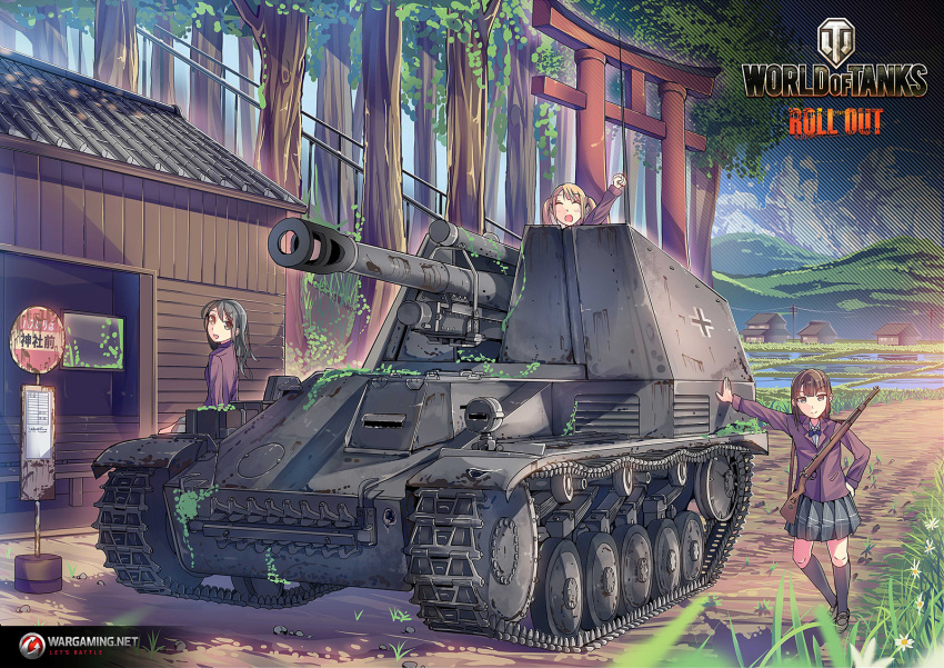 3girls black_hair blonde_hair brown_eyes brown_hair bus_stop clouds daito flower grass ground_vehicle gun highres military military_vehicle motor_vehicle multiple_girls official_art rifle self-propelled_gun sky tank tree wargaming_japan weapon wespe_spg world_of_tanks