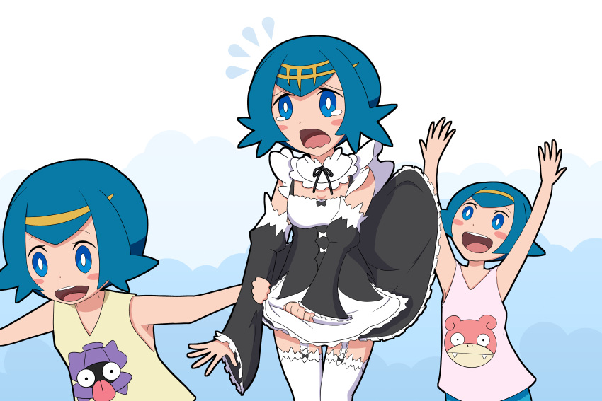 3girls absurdres blue_eyes blue_hair blush_stickers cosplay detached_sleeves frills garter_straps hair_ornament hairband highres hou_(pokemon) maid maid_headdress multiple_girls open_mouth pokemon pokemon_(anime) pokemon_(game) pokemon_sm pokemon_sm_(anime) re:zero_kara_hajimeru_isekai_seikatsu rem_(re:zero) rem_(re:zero)_(cosplay) sarujie_(broken_monky) short_hair siblings sisters skirt skirt_flip sui_(pokemon) suiren_(pokemon) tears thigh-highs twins wavy_mouth x_hair_ornament