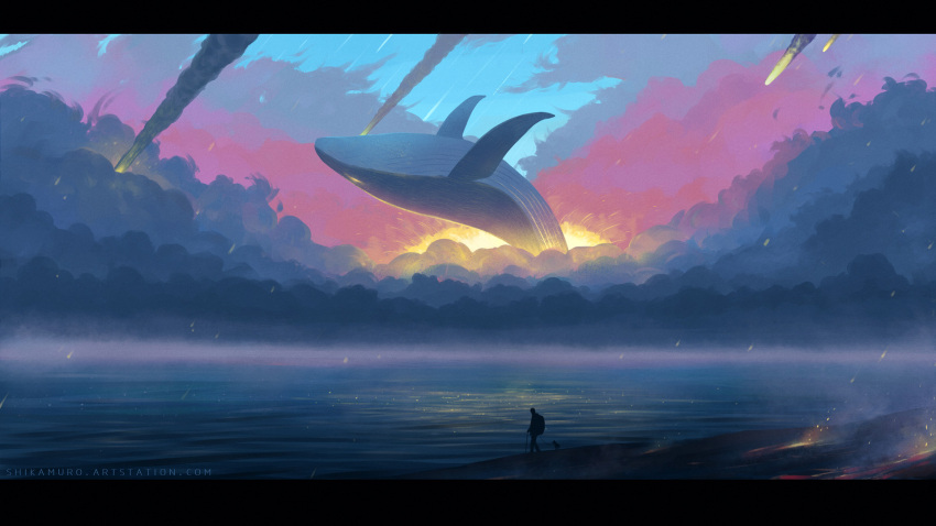 1boy clouds dog flying_whale highres luye_yuan meteor meteor_shower ocean original scenery shooting_star silhouette sketch sky whale