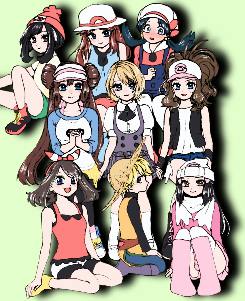 6+girls :d bangs bare_shoulders beanie bike_shorts bike_shorts_under_shorts black_boots black_hair black_legwear black_vest blonde_hair blue_(pokemon) blue_eyes blue_hair blue_shoes blush bob_cut boots breasts brown_eyes brown_hair buttons cabbie_hat closed_eyes coat collarbone cosplay cross-laced_footwear crystal_(pokemon) cutoffs denim denim_shorts dress_shirt fangs female_protagonist_(pokemon_sm) floral_print gaabena_yvonne green_background green_shorts grey_skirt grey_vest hair_between_eyes hair_ornament hand_on_foot hands_clasped hat hat_ribbon high_ponytail highres kneehighs knees_together_feet_apart kotone_(pokemon) kotone_(pokemon)_(cosplay) lace-up_boots long_hair long_sleeves looking_at_viewer mary_janes medium_breasts minapo miniskirt moon_(pokemon) multiple_girls odamaki_sapphire open_mouth pantyhose pink_boots pink_coat pink_skirt plaid plaid_skirt platinum_berlitz poke_ball_theme pokemon pokemon_special puffy_short_sleeves puffy_sleeves purple_boots raglan_sleeves red_hat red_ribbon red_shirt ribbon scarf shirt shoes short_hair short_ponytail short_sleeves shorts sidelocks silhouette sitting skirt smile sneakers straw_hat sun_hat suspenders swept_bangs t-shirt tank_top thigh-highs tied_shirt touko_(pokemon) twintails very_short_hair vest visor_cap wariza whi-two_(pokemon) white_hat white_legwear white_scarf white_shirt white_shoes white_shorts yellow_(pokemon) yellow_shirt yellow_shoes yellow_shorts zettai_ryouiki