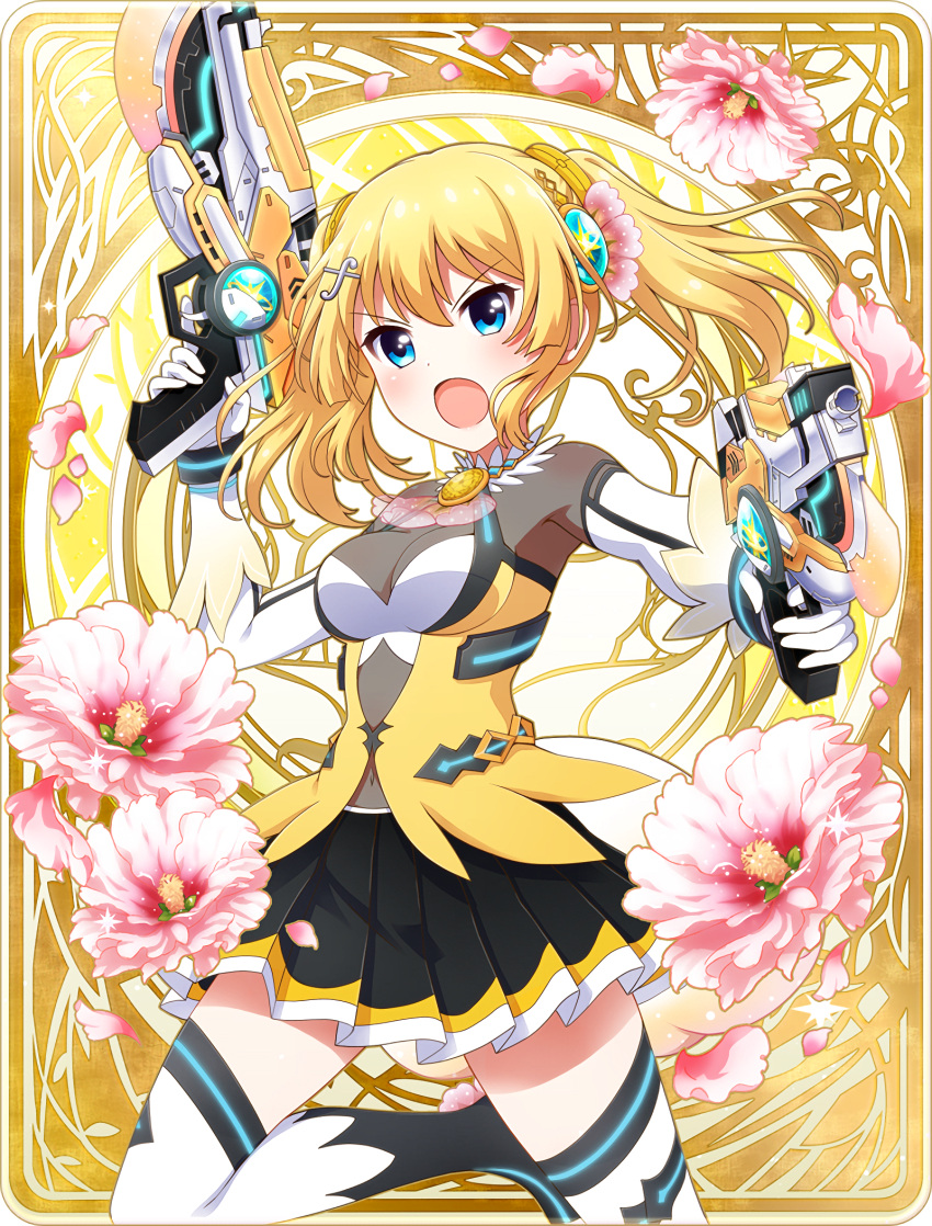 1girl angry armpits battle_girl_high_school blonde_hair blue_eyes breasts cleavage dual_wielding flower gloves gun hair_ornament handgun highres kougami_kanon long_hair medium_breasts musical_note_hair_ornament official_art open_mouth petals pistol pose skirt solo thigh-highs twintails weapon