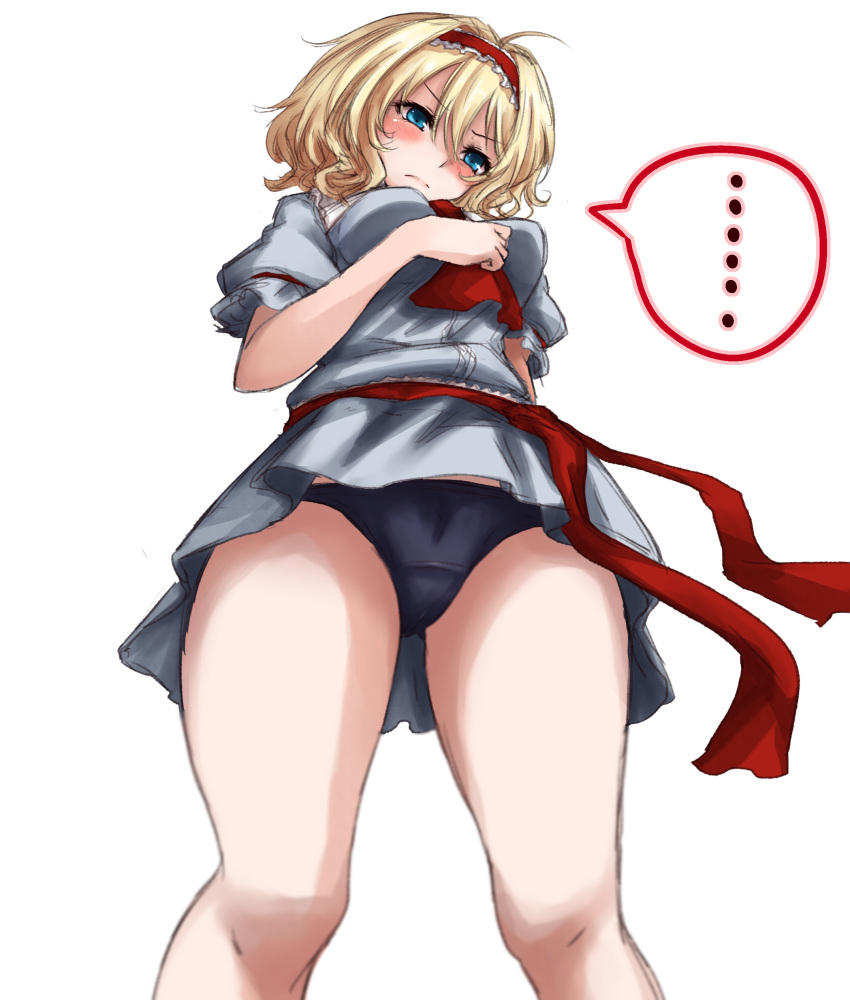 ... 1girl absurdres alice_margatroid amagi_(amagi626) ascot blonde_hair blouse blue_eyes blurry blush breasts cowboy_shot depth_of_field embarrassed foreshortening from_below hairband highres panties ribbon short_hair simple_background sketch solo spoken_ellipsis thighs touhou underwear upskirt white_background