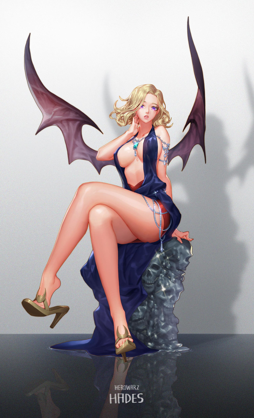 1girl absurdres bare_shoulders blonde_hair breasts chains character_name cleavage copyright_name demon_girl demon_wings dress feet full_body gem hades_(herowarz) hair_over_one_eye hand_on_own_neck herowarz high_heels highres jewelry large_breasts legs legs_crossed looking_at_viewer mulin necklace parted_lips reflection revealing_clothes shadow shoe_dangle short_hair sitting skull solo thighs toes violet_eyes wings