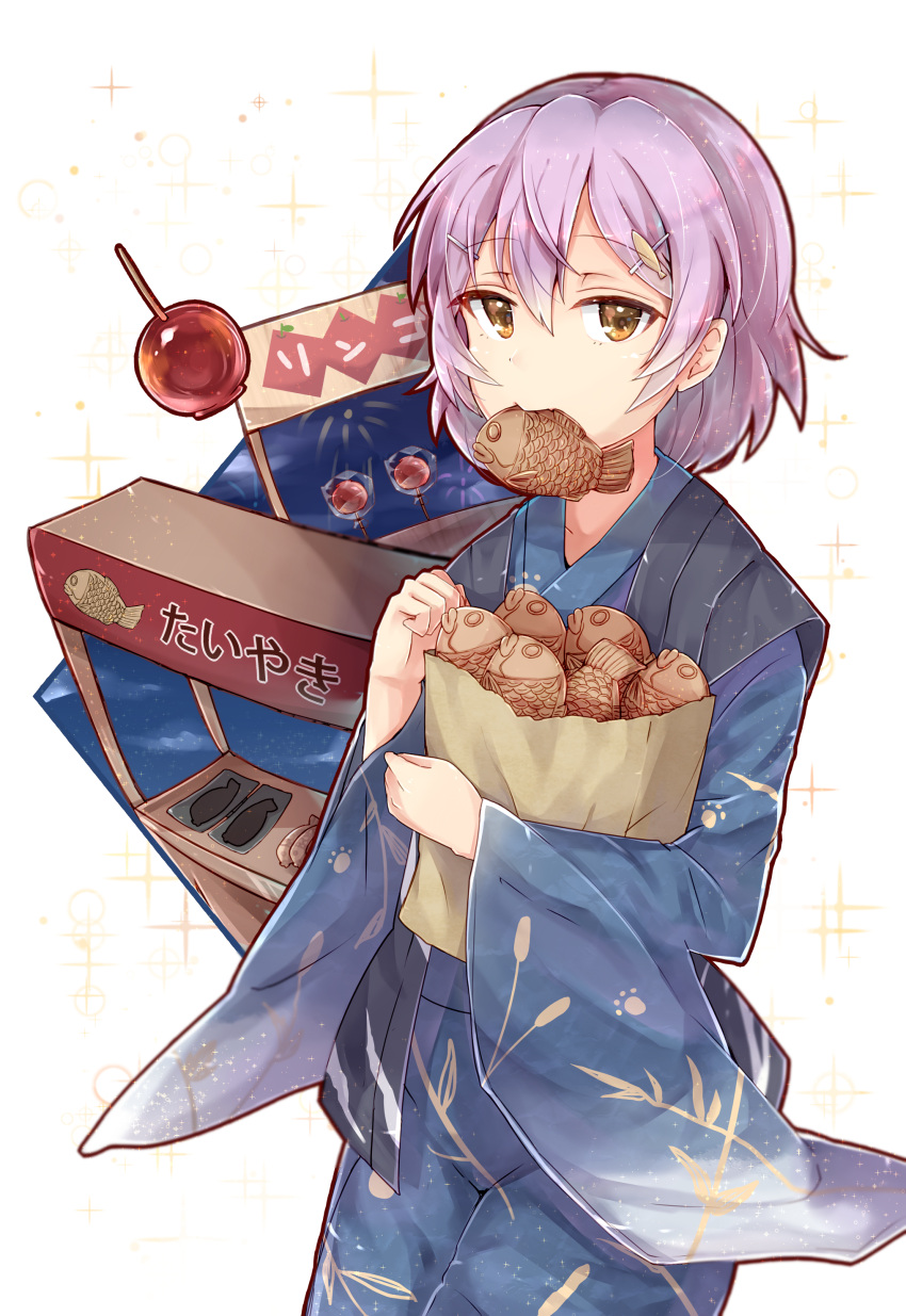 1girl absurdres alternate_costume brown_eyes candy_apple food highres japanese_clothes kantai_collection kimono long_sleeves mouth_hold obi purple_hair sash short_hair solo taiyaki tama_(kantai_collection) wagashi white_background wide_sleeves yukata zhi_zhi/zu_zu