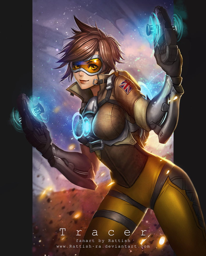 1girl artist_name bodysuit breasts brown_hair character_name contrapposto dual_wielding goggles gun handgun highres jacket large_breasts leather leather_jacket lips looking_at_viewer orange_bodysuit overwatch pistol rattish short_hair skin_tight smile spiky_hair standing tracer_(overwatch) union_jack weapon