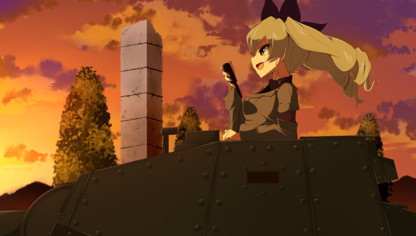 10s 1girl anchovy bangs black_necktie black_ribbon black_shirt carro_armato_p40 clouds cloudy_sky dress_shirt drill_hair from_side girls_und_panzer green_hair grey_jacket ground_vehicle hair_ribbon holding long_hair long_sleeves microphone military military_uniform military_vehicle motor_vehicle necktie open_mouth outdoors red_eyes ribbon shirt sky smile solo tank tree twilight twin_drills twintails uniform usamimi_(usamimiok)