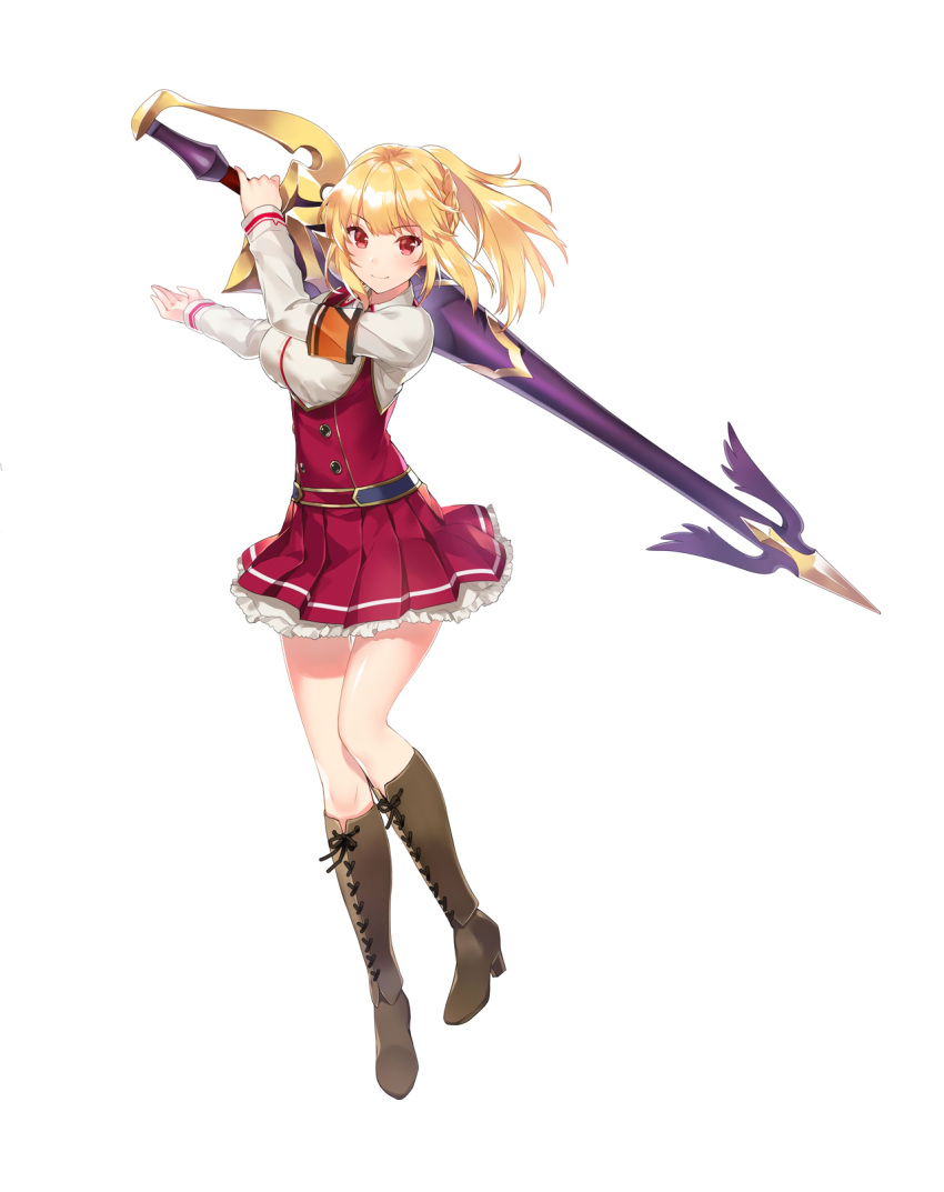 1girl armband blonde_hair boots braid french_braid full_body highres holding holding_weapon huge_weapon long_hair long_sleeves looking_at_viewer official_art omega_labyrinth pleated_skirt red_eyes shirogane_mirei simple_background skirt smile solo tousaki_umiko underbust weapon white_background