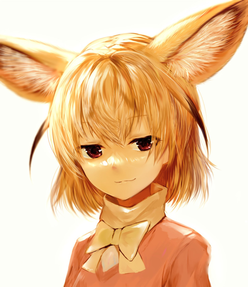1girl :3 animal_ears blonde_hair bow bowtie fennec_(kemono_friends) fox_ears highres jacket kemono_friends looking_at_viewer red_eyes short_hair simple_background smile smug solo sukemyon upper_body white_background