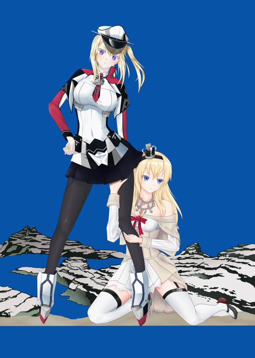 2girls absurdres black_gloves black_legwear black_shoes blonde_hair blue_eyes braid crown dress full_body gloves graf_zeppelin_(kantai_collection) grey_hair gyro_zeppeli hairband highres johnny_joestar jojo_no_kimyou_na_bouken jojo_pose kantai_collection long_hair long_sleeves multiple_girls pantyhose shoes steel_ball_run twintails warspite_(kantai_collection) white_dress white_legwear