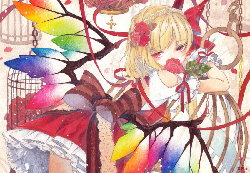1girl blonde_hair braid cage chains flandre_scarlet flower hair_flower hair_ornament hair_ribbon half-closed_eyes highres looking_at_viewer pointy_ears red_eyes red_ribbon red_rose red_skirt ribbon rose sash side_ponytail skirt solo touhou toutenkou traditional_media vest wings