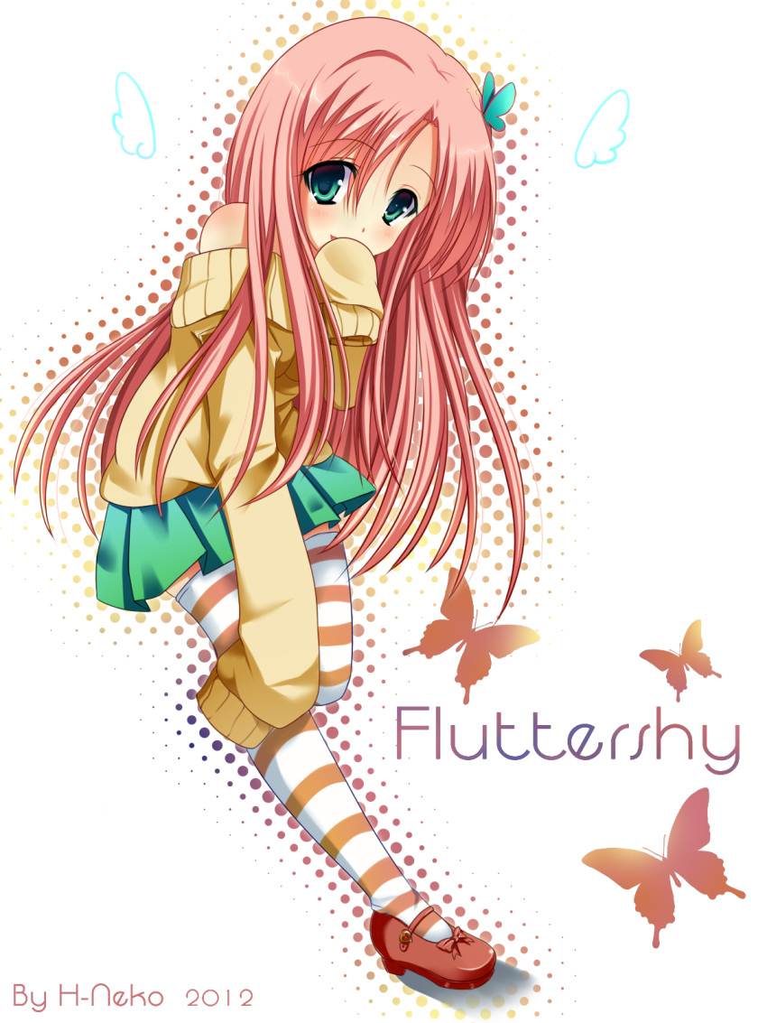 1girl 2017 aqua_eyes aqua_skirt arm_up artist_name bangs blush bow breasts butterfly butterfly_hair_ornament character_name commentary covering_mouth dated detached_wings english eyebrows_visible_through_hair eyes_visible_through_hair fluttershy francisca_painemal full_body hair_between_eyes hair_ornament hair_over_shoulder halftone halftone_background hand_over_own_mouth hand_to_own_mouth hands_in_sleeves highres horizontal-striped_legwear leaning_forward leg_up long_hair long_sleeves looking_at_viewer mary_janes medium_breasts mini_wings miniskirt my_little_pony my_little_pony_friendship_is_magic off_shoulder orange_legwear parted_bangs personification pink_hair pleated_skirt raised_eyebrows red_bow red_shoes shoe_bow shoes shy silhouette simple_background skirt sleeves_past_wrists solo standing standing_on_one_leg striped striped_legwear sweater text thigh-highs white_background white_legwear wings yellow_sweater
