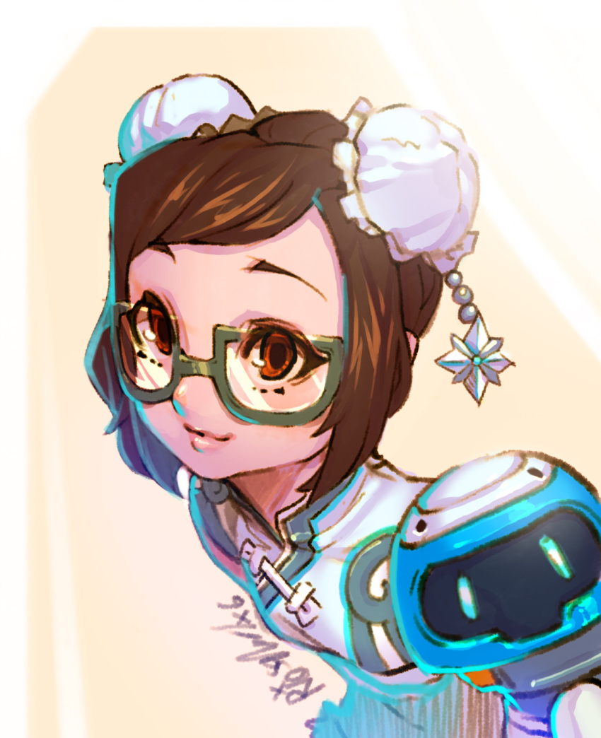 1girl alternate_hairstyle bangs beads blue_dress brown_eyes brown_hair bun_cover china_dress chinese_clothes commentary donghyun_shin double_bun dress drone floating glasses green-framed_eyewear hair_ornament highres looking_at_viewer mei_(overwatch) overwatch parted_bangs robot short_hair short_sleeves snowball_(overwatch) snowflake_hair_ornament solo swept_bangs younger