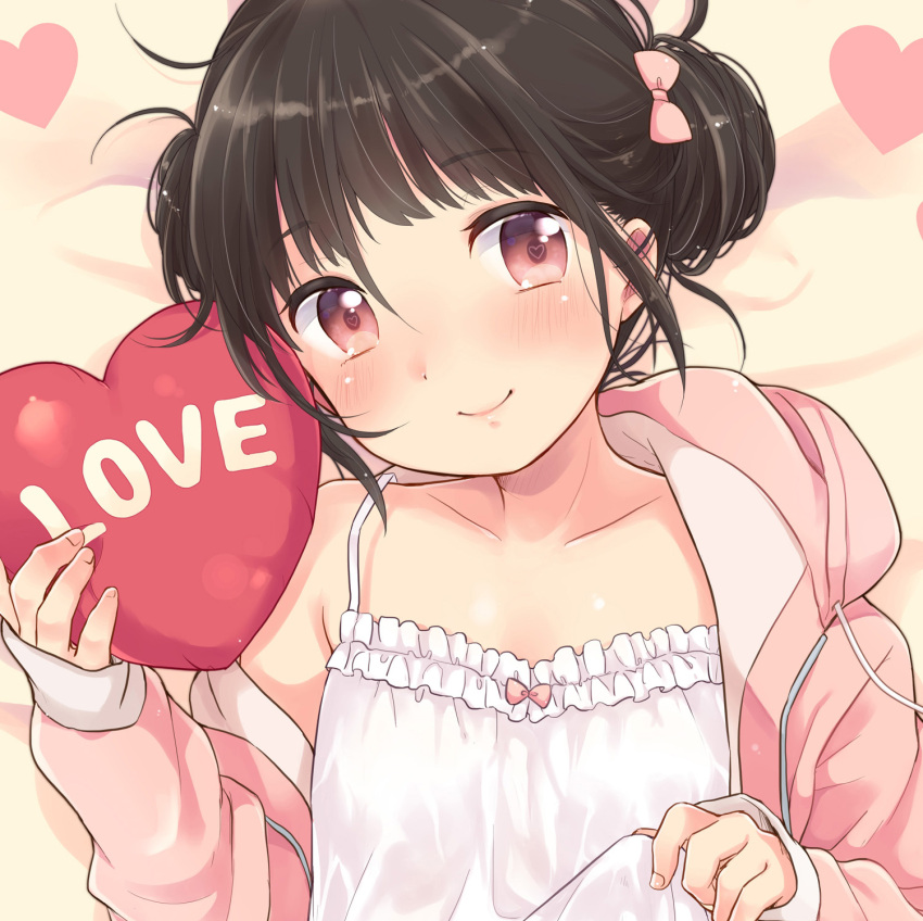 1girl bangs bed_sheet blush bow camisole close-up closed_mouth clothes_lift double_bun eyebrows_visible_through_hair frills hair_bow heart heart_pillow highres hood hoodie light_smile looking_at_viewer lying on_back open_clothes open_hoodie original petite pillow pink_bow portrait smile solo yukiu_kon