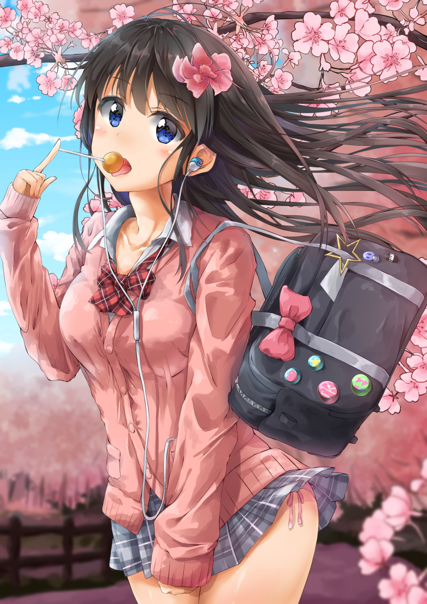 1girl badge bag bangs blue_eyes blue_sky blush bow bowtie breasts brown_hair button_badge buttons cable candy cardigan cherry_blossoms clothes_tug clouds cloudy_sky collarbone collared_shirt covering covering_crotch cowboy_shot day dress_shirt earphones earphones eyebrows_visible_through_hair fence floating_hair food grey_skirt hand_up highres holding kuria_(clear_trip_second) legs_together lollipop long_sleeves looking_at_viewer medium_breasts miniskirt mouth_hold original outdoors panties pantyshot pantyshot_(standing) pink_panties pink_sweater plaid plaid_bowtie plaid_skirt pleated_skirt pocket school_bag school_uniform shirt shoulder_bag side-tie_panties skirt skirt_tug sky sleeves_past_wrists solo standing sweater tongue tongue_out tree underwear white_shirt wind wind_lift wooden_fence