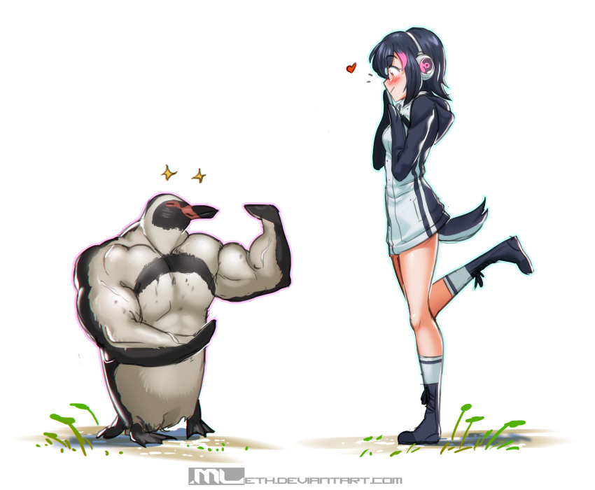 1boy 1girl bird blush flexing grape-kun headphones heart highres humboldt_penguin humboldt_penguin_(kemono_friends) jacket kemono_friends mleth muscle one_leg_raised penguin pose simple_background smile sparkle white_background