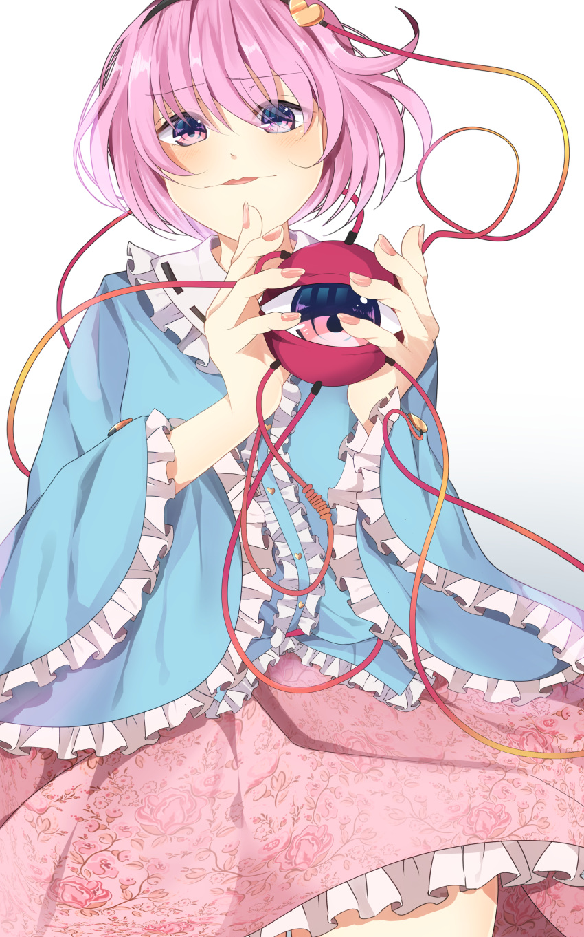 1girl absurdres commentary_request dress highres holding komeiji_satori long_sleeves looking_at_viewer miri_(miri0xl) short_hair solo third_eye touhou wide_sleeves
