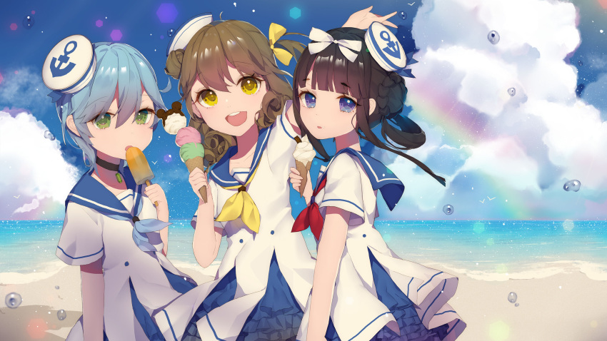 3girls acidear beach blue_skirt blue_sky clouds cloudy_sky cowboy_shot day frilled_skirt frills highres looking_at_viewer multiple_girls neckerchief ocean original outdoors sand school_uniform serafuku shirt short_sleeves skirt sky water_drop white_shirt