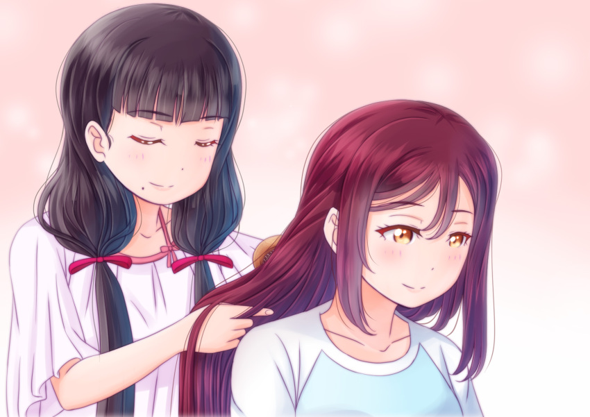 2girls alternate_hairstyle bangs blunt_bangs blush brown_eyes brown_hair closed_eyes closed_mouth eyebrows_visible_through_hair hair_between_eyes hair_brush hair_brushing hair_over_shoulder hair_ribbon hand_in_another's_hair highres kurosawa_dia love_live! love_live!_sunshine!! low_twintails mole mole_under_mouth multiple_girls naato_(naht) pink_background red_ribbon redhead ribbon sakurauchi_riko shirt smile twintails upper_body