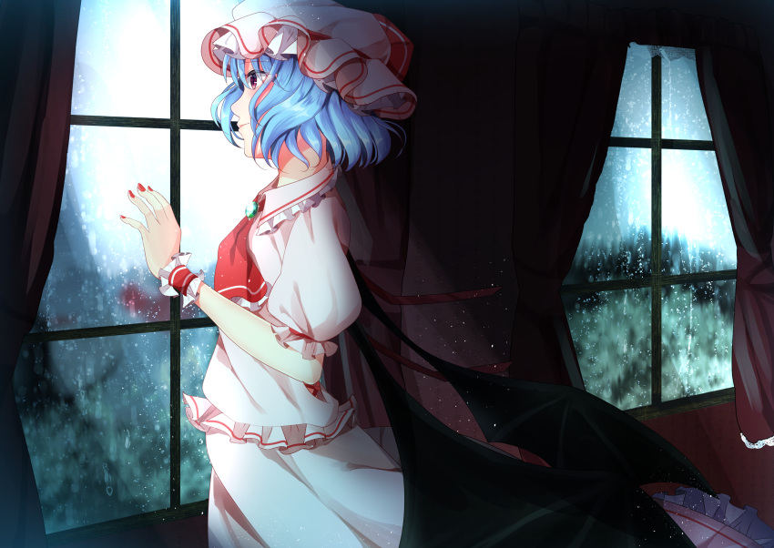 1girl bat_wings commentary_request dress highres looking_to_the_side miri_(miri0xl) short_hair solo touhou vampire window wings