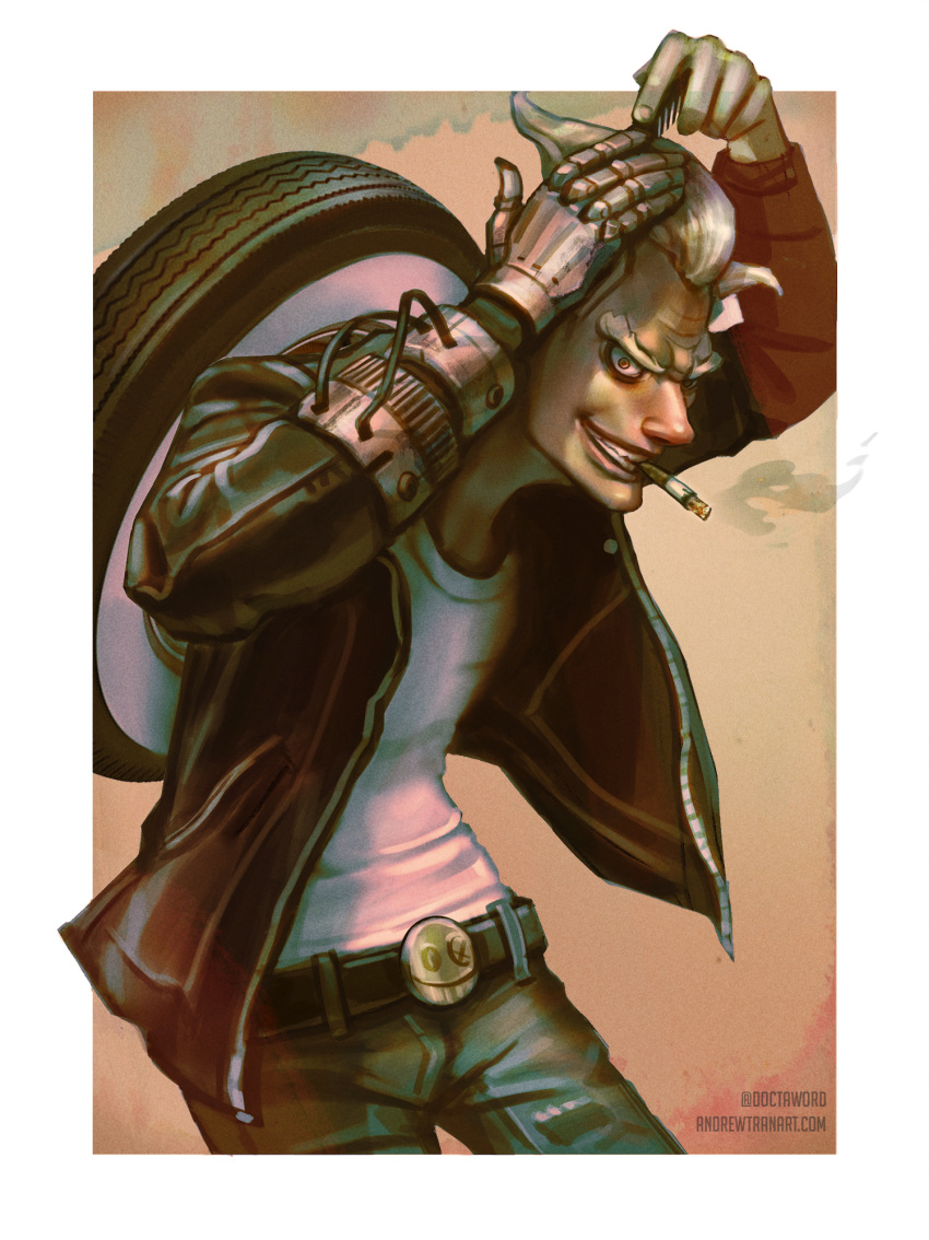 1boy adjusting_hair andrew_tran artist_name belt blonde_hair cigarette comb combing commentary eyebrows hands_up highres jacket junkrat_(overwatch) long_sleeves looking_at_viewer mechanical_arm overwatch pants shirt solo teeth teeth_hold tire watermark web_address wheel white_shirt