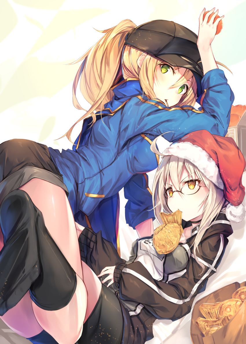 2girls all_fours artoria_pendragon_(all) baseball_cap black-framed_eyewear blonde_hair breasts choker commentary_request fal_maro fate/grand_order fate_(series) food green_eyes hat highres jacket looking_at_viewer medium_breasts mouth_hold multiple_girls mysterious_heroine_x mysterious_heroine_x_(alter) open_clothes open_jacket pocky ponytail santa_hat semi-rimless_eyewear shorts silver_hair socks taiyaki under-rim_eyewear wagashi yellow_eyes