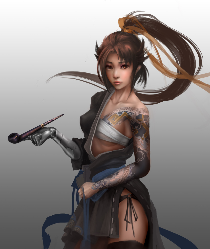 1girl absurdres arm_tattoo artist_request asymmetrical_clothes bare_shoulders black_hair black_legwear black_panties blue_ribbon breasts brown_eyes collarbone contrapposto cowboy_shot dragon_tattoo eyelashes genderswap genderswap_(mtf) gradient gradient_background hair_ribbon hanzo_(overwatch) high_ponytail highres holding holding_pipe japanese_clothes lips long_hair looking_at_viewer mechanical_arm medium_breasts one_breast_out overwatch panties pipe ponytail ribbon sarashi sash side-tie_panties side_slit solo tattoo thigh-highs underwear yellow_ribbon