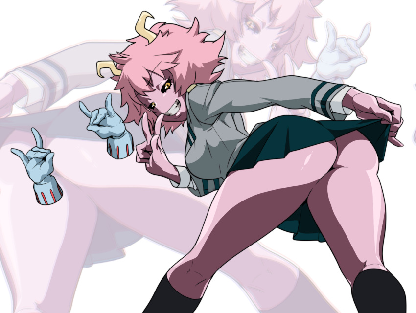 2girls ashido_mina ass boku_no_hero_academia guido_(sucurapu) hagakure_tooru inner_miniskirt multiple_girls no_panties pink_hair pink_skin