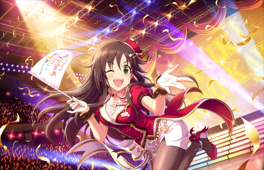 1girl artist_request blush bow breasts brown_hair character_name confetti flag gloves green_eyes hair_ornament hairclip hat high_heels himekawa_yuki idol idolmaster idolmaster_cinderella_girls idolmaster_cinderella_girls_starlight_stage long_hair looking_at_viewer medium_breasts mini_hat official_art one_eye_closed open_mouth pantyhose puffy_short_sleeves puffy_sleeves short_sleeves skirt smile solo stage