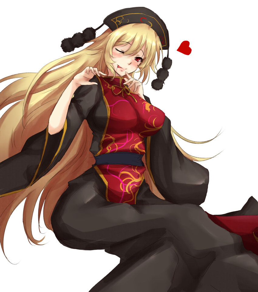 1girl absurdres amagi_(amagi626) blonde_hair blush breasts hand_to_own_mouth hat heart highres junko_(touhou) licking_lips long_hair looking_at_viewer one_eye_closed pom_pom_(clothes) red_eyes robe saliva sash simple_background sketch solo spoken_heart tabard tongue tongue_out touhou white_background wide_sleeves