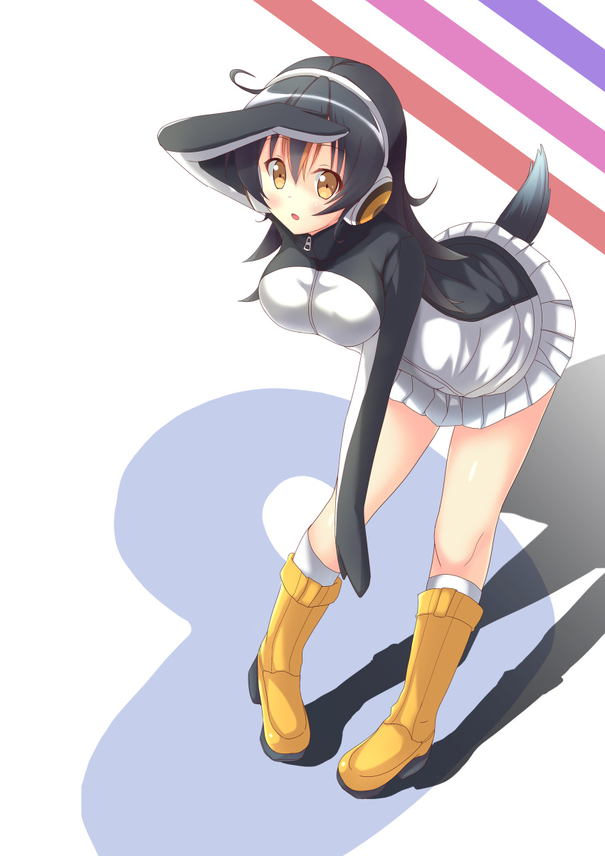1girl absurdres black_hair blush boots breasts brown_eyes diagonal_stripes eyebrows_visible_through_hair from_above full_body gentoo_penguin_(kemono_friends) hair_between_eyes headphones highres john_zheng kemono_friends leaning_forward long_hair medium_breasts open_mouth outstretched_arm penguin_tail pigeon-toed pleated_skirt salute silhouette skirt solo tail white_background white_skirt yellow_boots zipper