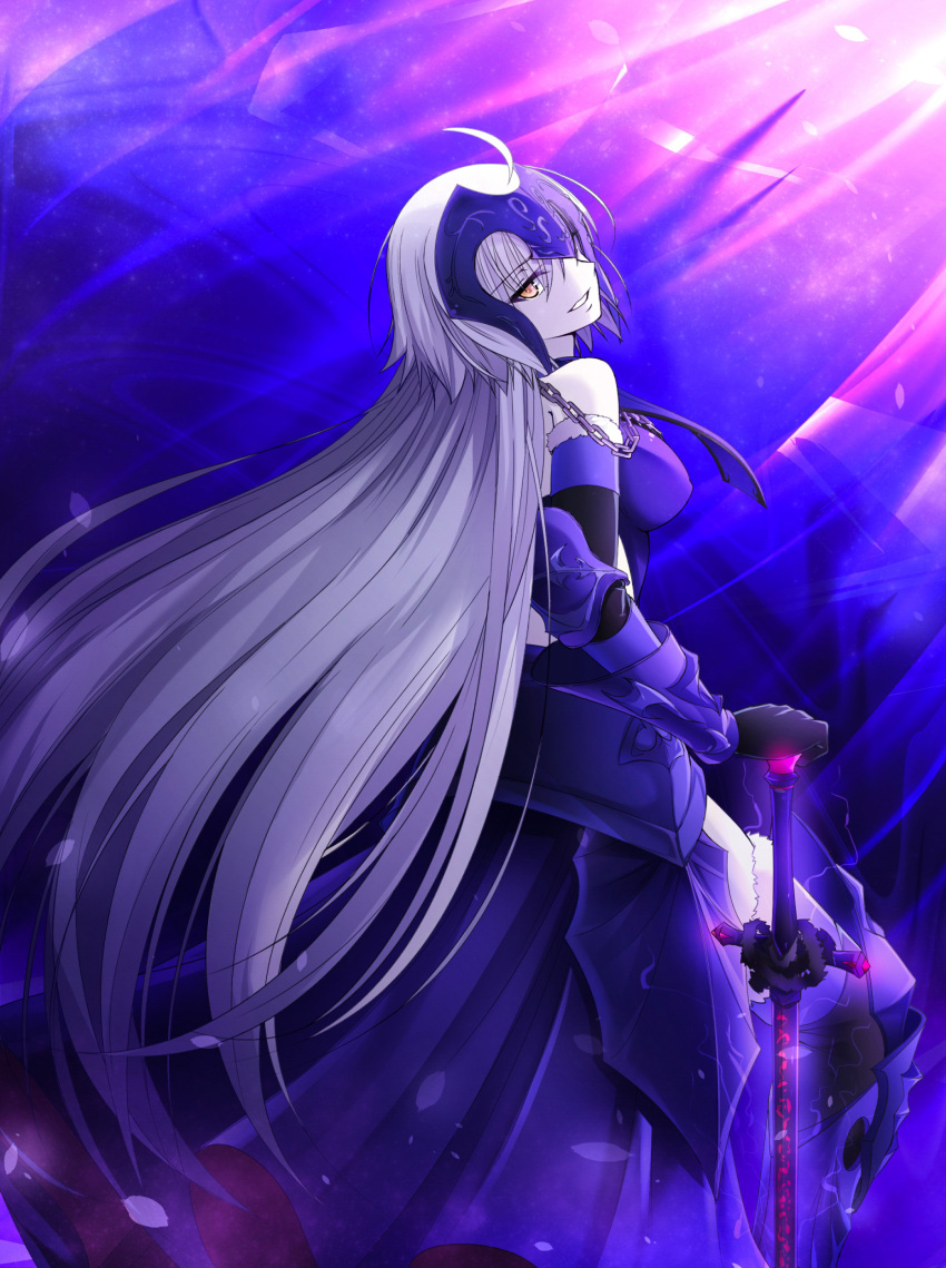1girl absurdres ahoge armor armored_dress bare_shoulders black_dress black_gloves black_legwear breasts chains dress elbow_gloves fate/grand_order fate_(series) from_side gloves greaves headpiece highres holding holding_sword holding_weapon jeanne_alter koro_(tyunnkoro0902) long_hair looking_at_viewer looking_to_the_side medium_breasts pale_skin parted_lips ruler_(fate/apocrypha) silver_hair smile solo sword thigh-highs vambraces very_long_hair weapon yellow_eyes