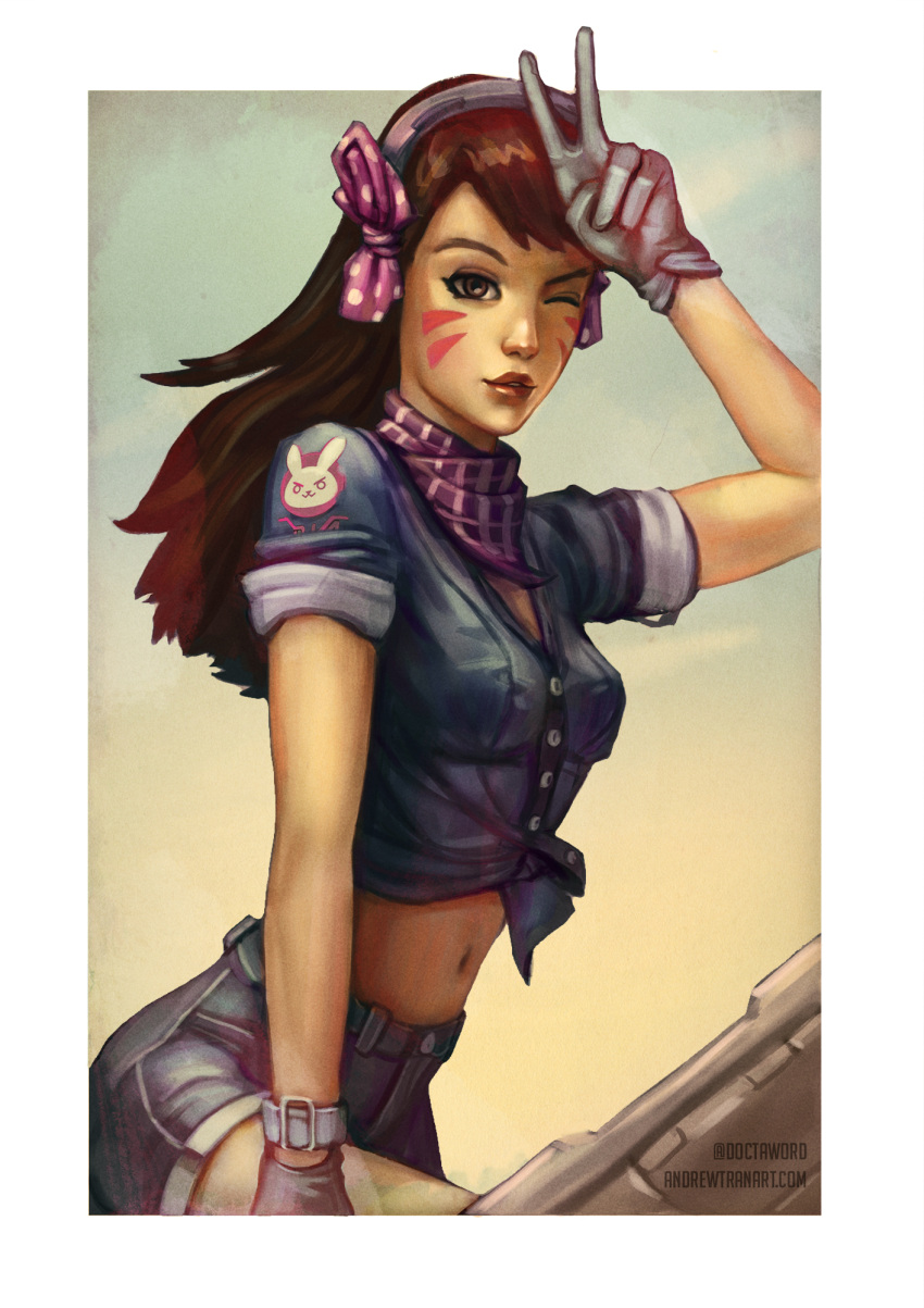 1girl andrew_tran animal_print artist_name bow breasts brown_hair bunny_print buttons commentary crop_top d.va_(overwatch) denim denim_dress denim_shorts gloves hair_bow hand_to_head highres long_hair looking_at_viewer medium_breasts midriff navel one_eye_closed overwatch parted_lips polka_dot polka_dot_bow rabbit shorts sleeves_rolled_up solo v watermark web_address whisker_markings white_gloves
