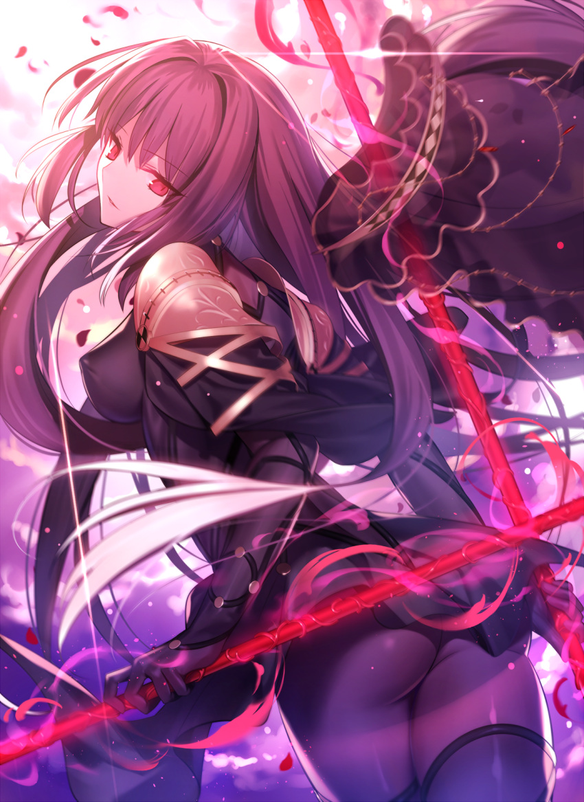 1girl ass bangs bodysuit breasts dual_wielding erect_nipples fate/grand_order fate_(series) from_behind gae_bolg hair_intakes highres holding holding_weapon light_smile long_hair looking_at_viewer looking_back medium_breasts parted_lips pauldrons petals polearm purple_bodysuit purple_hair red_eyes scathach_(fate/grand_order) shinooji solo spear veil very_long_hair weapon