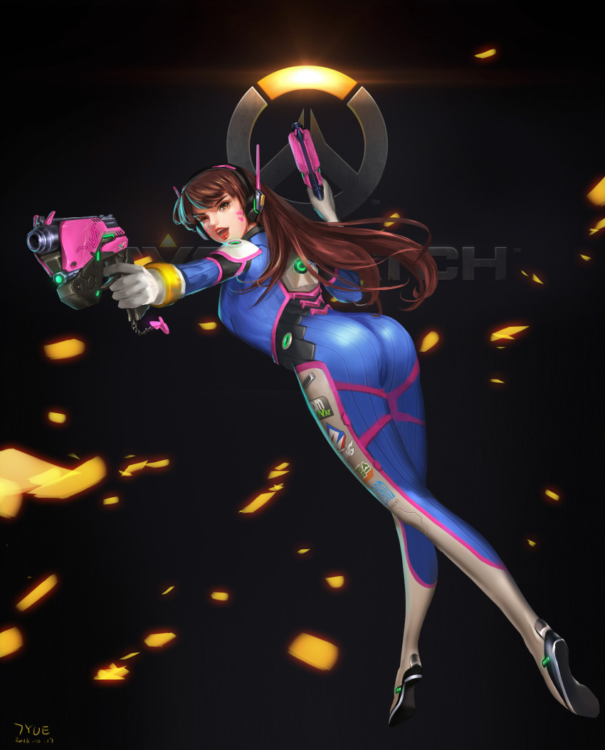 1girl 2016 ;d absurdres arched_back ass bangs bodysuit boots bracer breasts brown_eyes brown_hair character_name charm_(object) chenkiyui copyright_name d.va_(overwatch) dated dual_wielding emblem eyelashes facepaint facial_mark finger_on_trigger from_behind full_body gloves gun hand_up handgun headphones highres holding holding_gun holding_weapon lips lipstick logo long_hair long_sleeves looking_at_viewer makeup nose one_eye_closed open_mouth overwatch pauldrons pilot_suit red_lips red_lipstick ribbed_bodysuit shoulder_pads skin_tight small_breasts smile solo teeth thigh-highs thigh_boots thigh_strap turtleneck weapon whisker_markings white_boots white_gloves