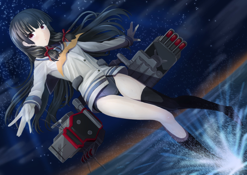 1girl black_hair black_legwear commentary_request dutch_angle gloves hair_ribbon isokaze_(kantai_collection) kantai_collection konpotsu long_hair long_sleeves neckerchief night night_sky no_pants outstretched_arms red_eyes ribbon rigging sailor_collar school_swimsuit school_uniform serafuku single_thighhigh sky solo standing standing_on_liquid star_(sky) starry_sky swimsuit swimsuit_under_clothes thigh-highs thigh_gap tress_ribbon